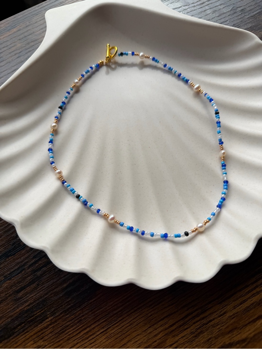 One of a Kind Handmade Blue Beaded Freshwater Pearl Necklace - Picture 2 of 4